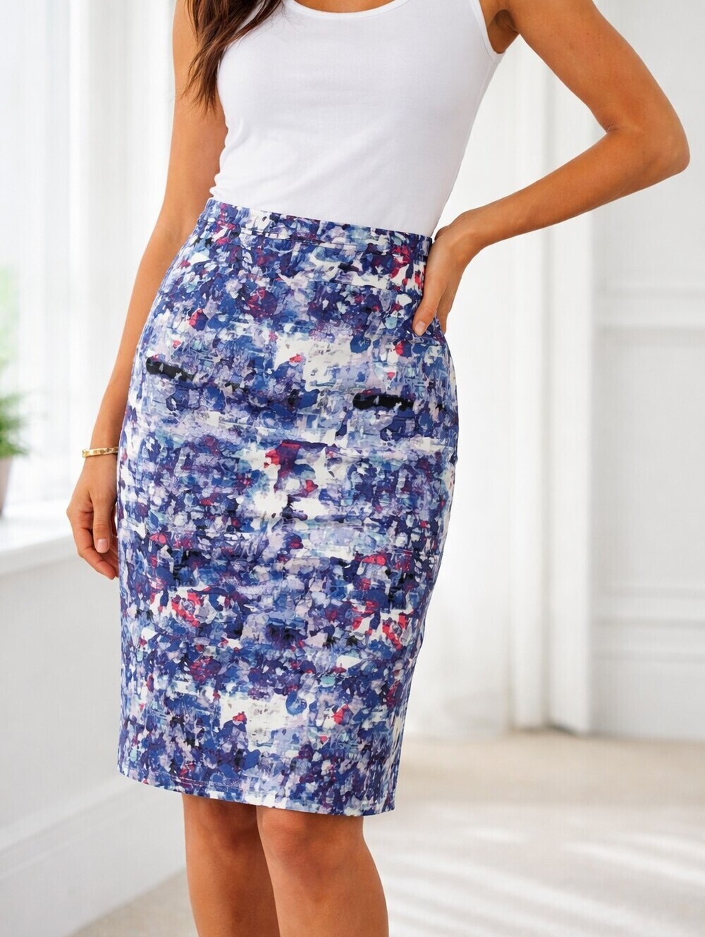 Pure Collection Abstract Print Pencil Skirt US 8-10 UK 14 Stretch Cotton Lined